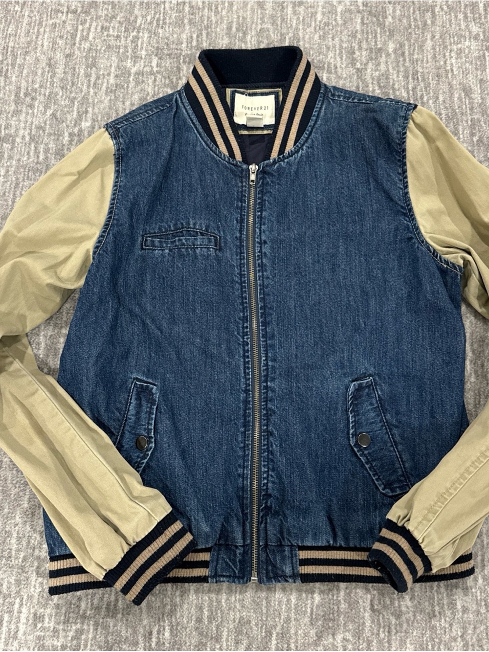 Forever 21 Kids Denim Bomber Jacket with Tan Sleeves